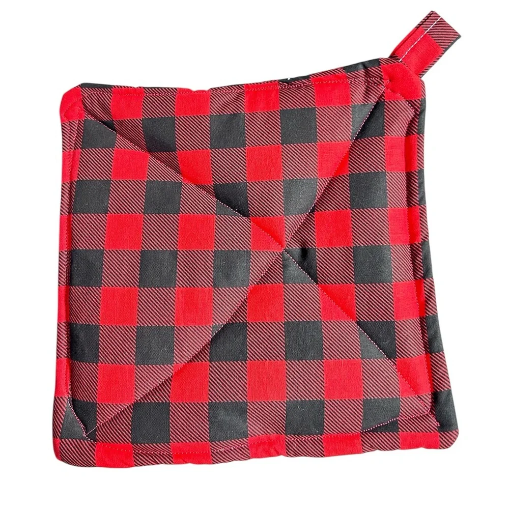 Hand Crafted Red and Black Buffalo Plaid Pot Holders Fabric Hot Mat Trivet
